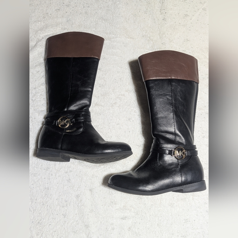 Michael Kors Kids Black Leather Mid-Calf Boots | Size 1 | Gold Logo | Zipper